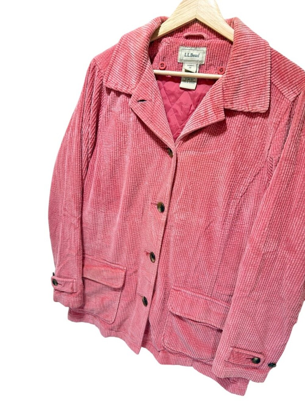 LL Bean Womens Pink Quilted Corduroy Jacket M Button-Down Vintage Chore Barn Coa
